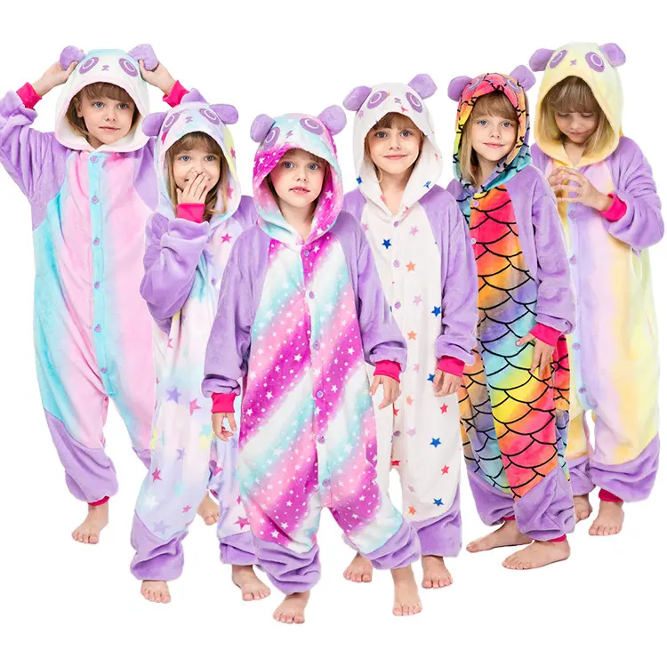 Baskı kızlar kış OEM/ODM pijama hayvan Panda karikatür Anime çocuklar çocuk pijama pazen tulum çocuk pijamaları