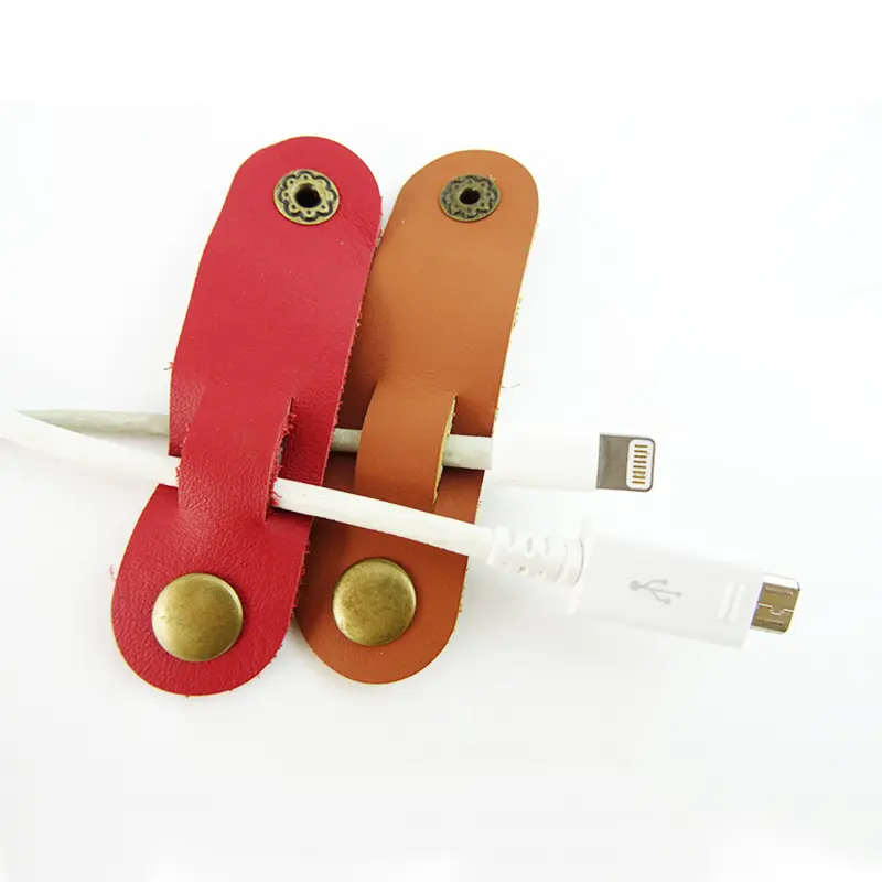 Lazos de cuero para auriculares con logotipo, Cargador USB, Clips de Cable, organizador de escritorio, correas de envoltura, soporte para auriculares, almacenamiento de oficina