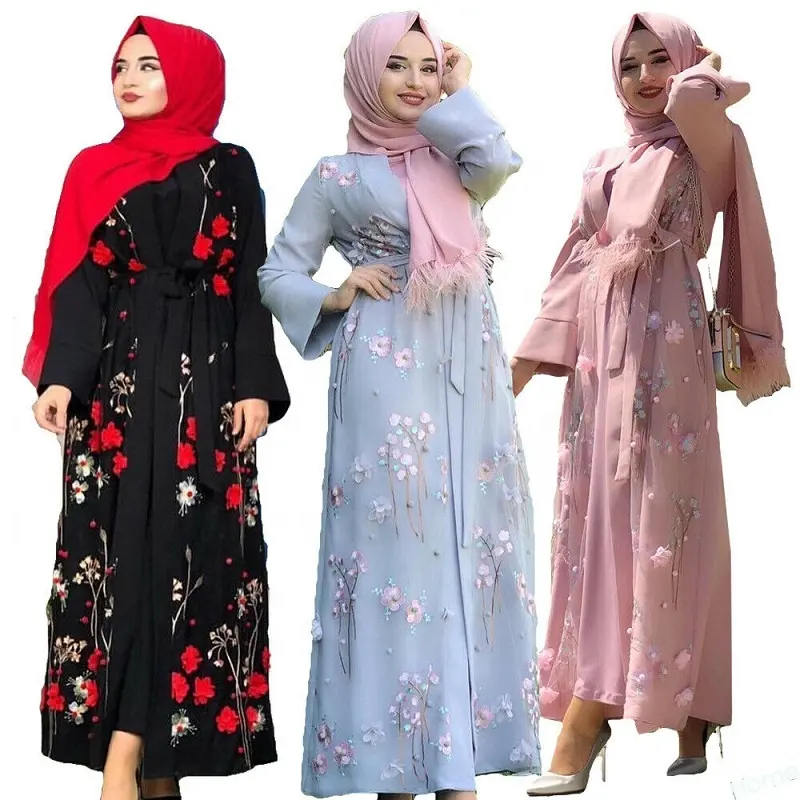 Venta al por mayor mujeres del bordado kimono abierto cardigan largo vestido maxi abaya musulmán vestido