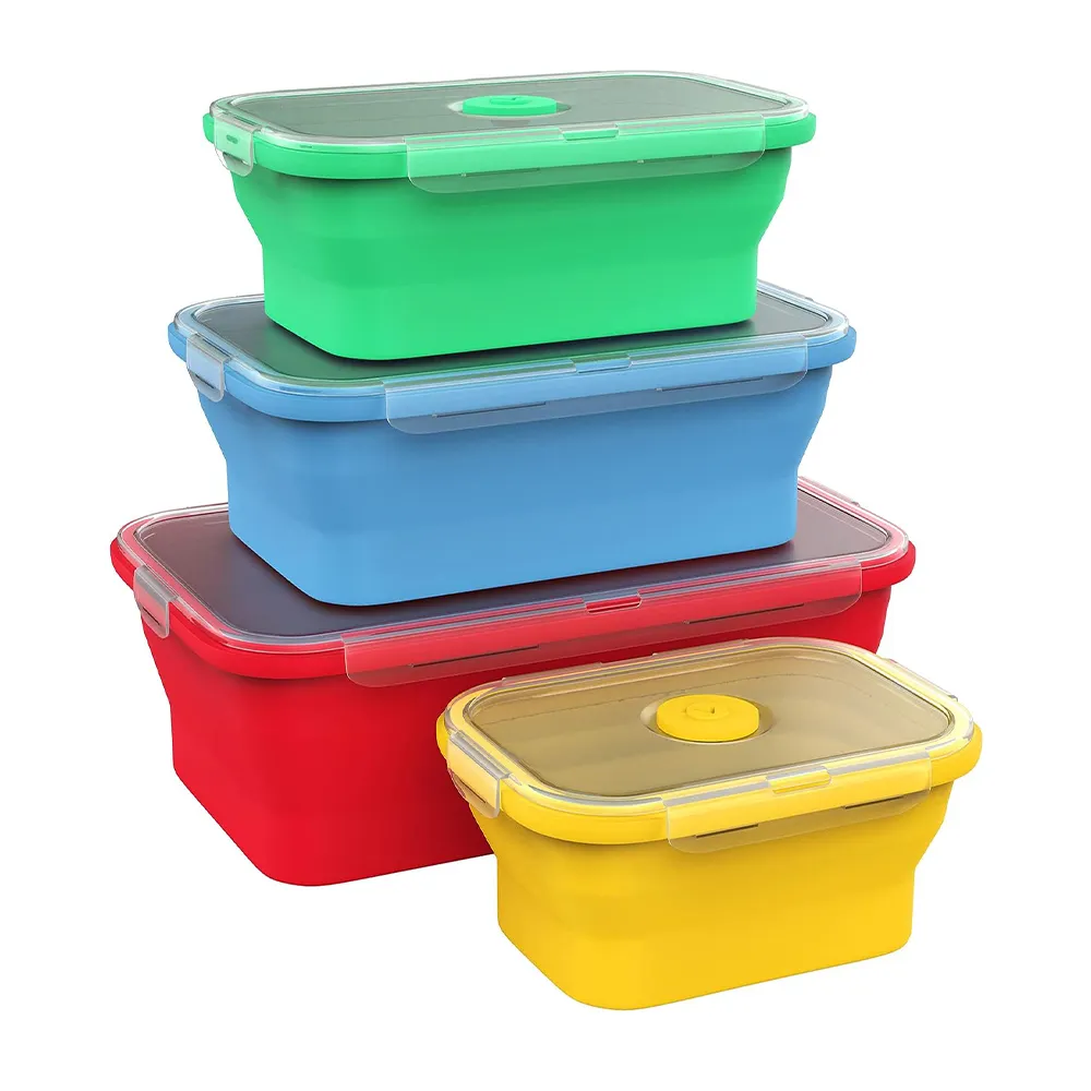 Güvenli ve yeniden kullanılabilir depolama için BPA içermeyen 4 Set silikon gıda es ile yemek kabı saklama kapları katlanabilir yemek kabı silikon