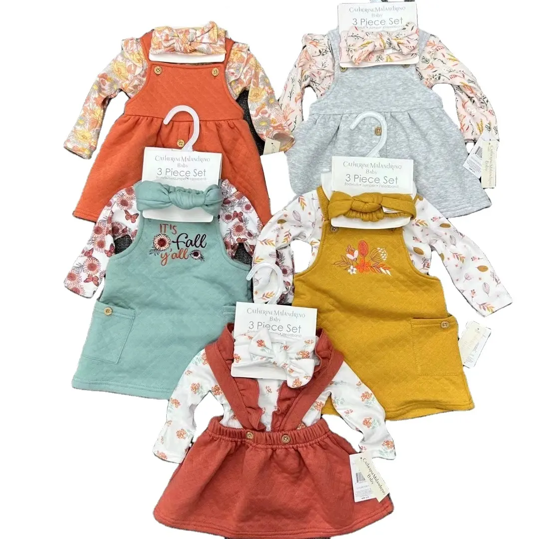 Conjunto de macacão de manga completa + macacão estampado floral + bandana para bebês, conjunto de roupas para recém-nascidos e meninas