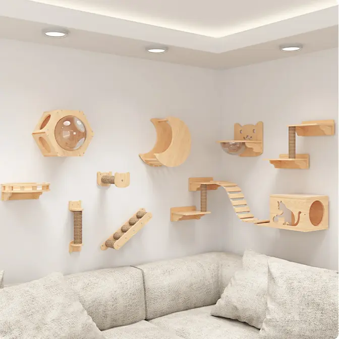 Eco-freindly Wooden Floating Cat Wall Shelves Hammock And Perches Wall Mounted Furniture Scratcher