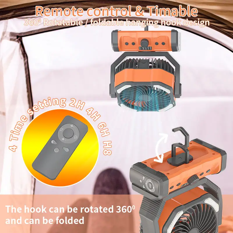 New Arrival 20000mAh Battery Double Blade Camp Outdoor Fan LED Lantern Hook Tent Outdoor Portable Usb Rechargeable Camping Fan