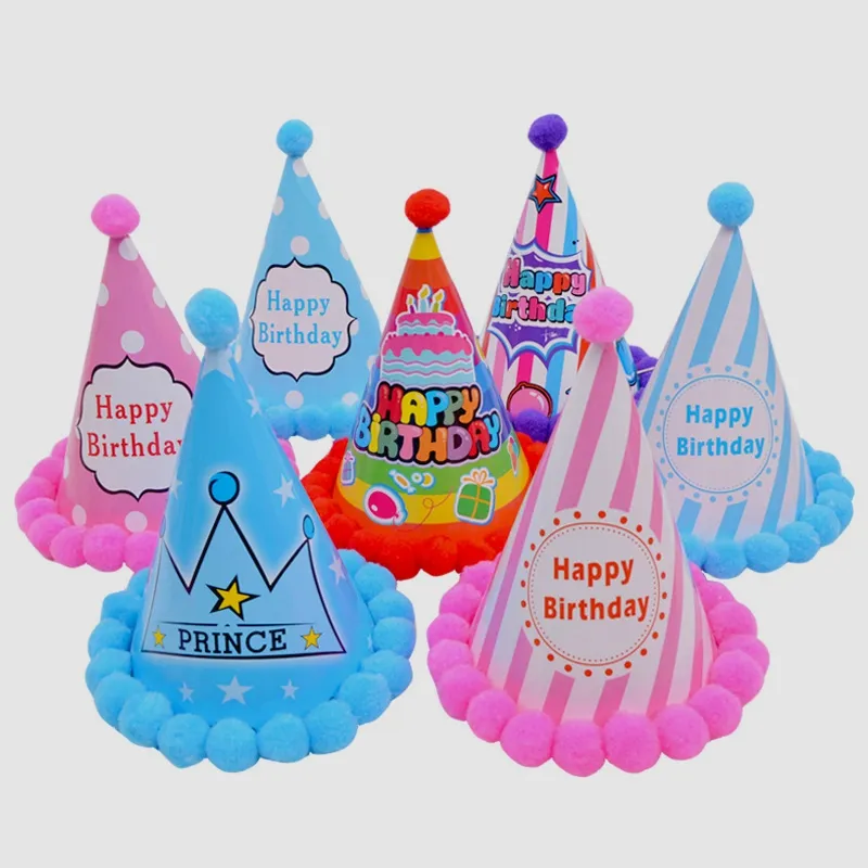 Gorros de cumpleaños para bebé, sombrero de fiesta de cumpleaños de arcoíris, decoración de corona para niño, gorro de papel con patrón de dibujos animados, sombrero de cumpleaños