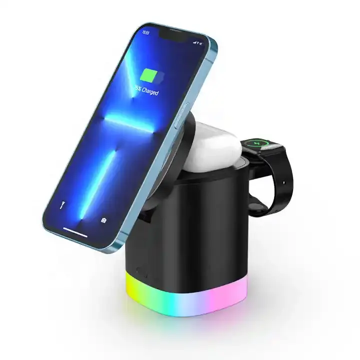 Pengisi daya nirkabel pintar 15W RGB, dudukan pengisi daya nirkabel cepat lampu malam untuk iPhone Smart Watch earphone