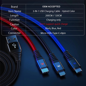 3 In 1สายชาร์จหลาย Usb,สายชาร์จ Usb Type-C สำหรับ Samsung S9 S10 Huawei Nova 4 Nokia 8 9 Pureview Usbc Kabel ยาว2เมตร - Product Image 6