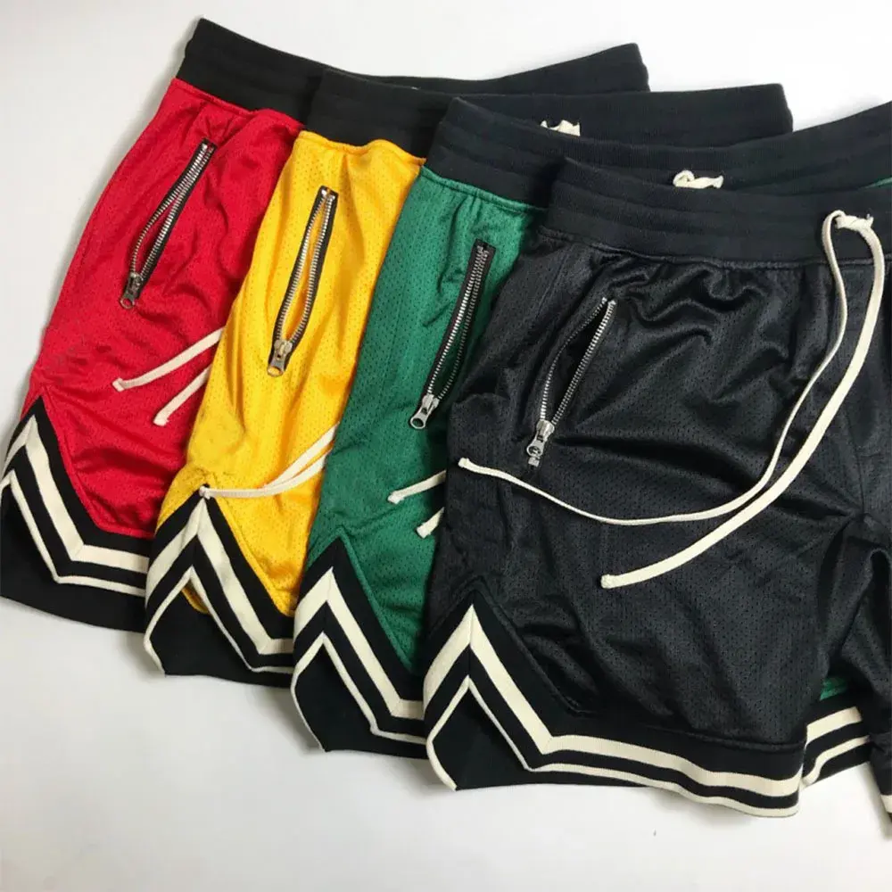 Shorts de basquete masculino de 7 polegadas com bolsos com zíper logotipo bordado de impressão por sublimação personalizado OEM Shorts de malha de secagem rápida