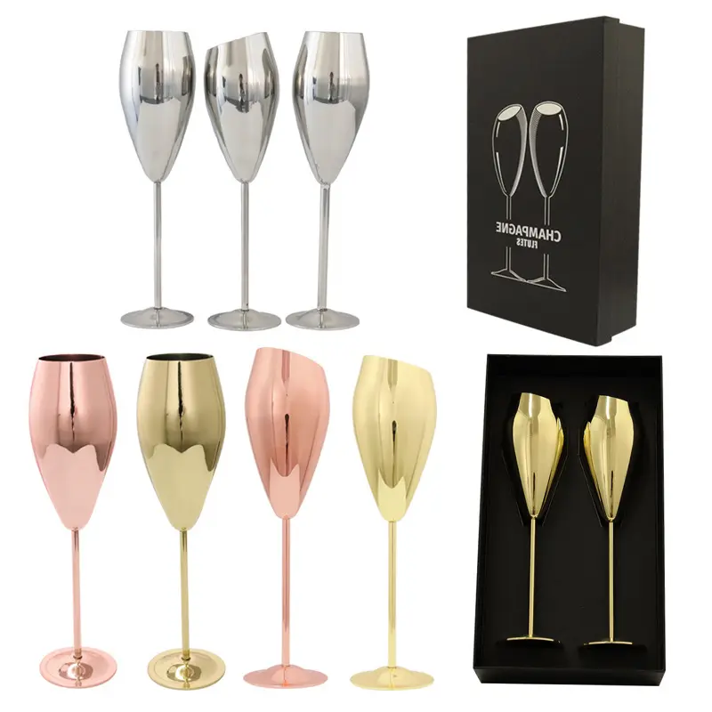 כוסות RTS גביעי שמפניה באיכות גבוהה נירוסטה RTS סט של 2 קוקטייל זהב ורד Gbar קופסת מתנה מתכת מודרנית