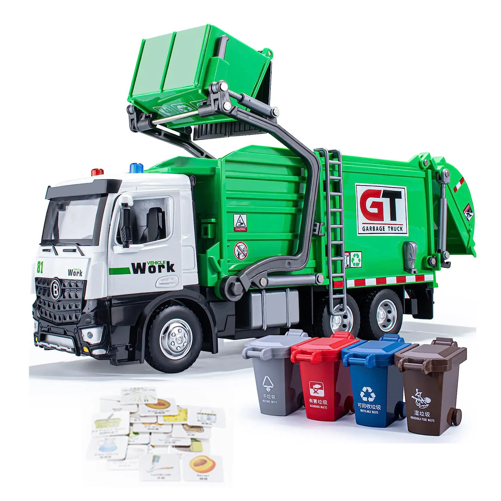 Caminhão do lixo Brinquedos Metal Cab Friction Powered Waste Management Caminhão de lixo com luzes e sons Reciclagem Truck Toy