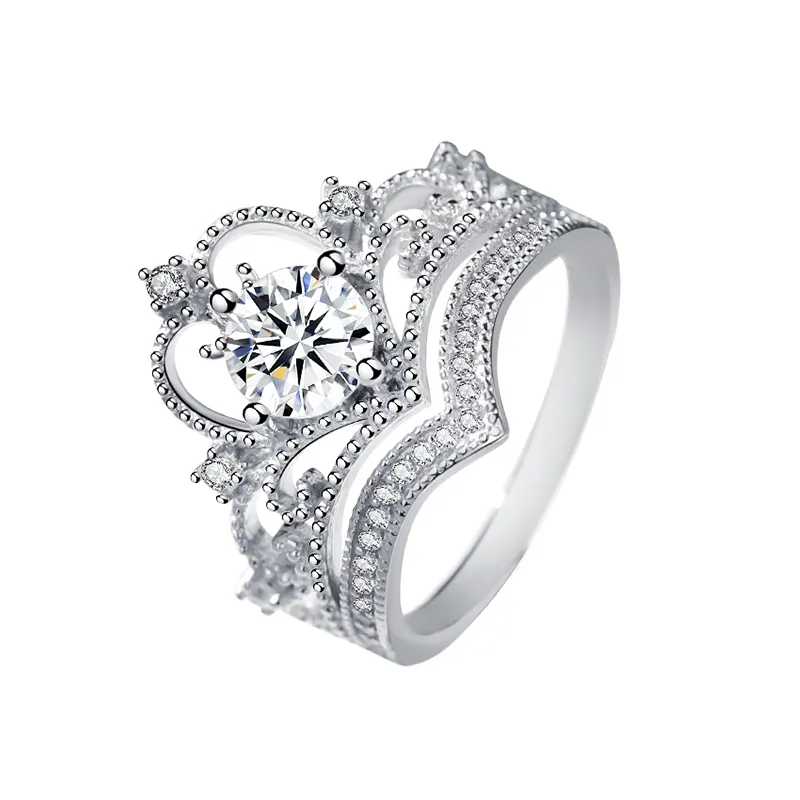 Lunxry Fashion Shiny Diamant kronen ring im Runds chliff Fingers chmuck Zierliche Prinzessin Kronen ring S925 Silber für Frauen