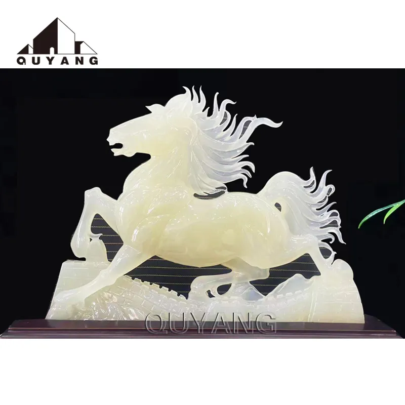 QUYANG ручной работы Изысканный Роскошный домашний декор из чистого нефрита каменные Ремесла белый конь Нефритовая скульптура