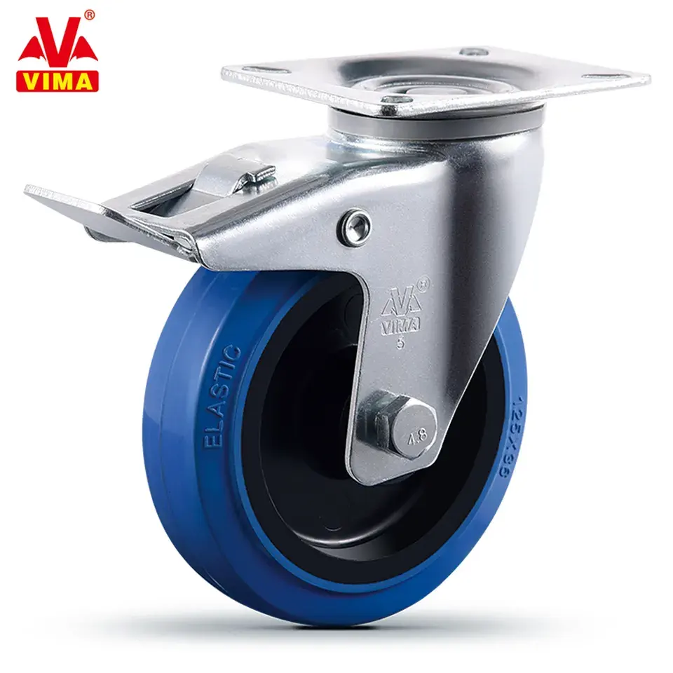 High Quality Plate Casters Blue Swivel Caster Soft Rubber 200KG Load Industrial Casters Wheel