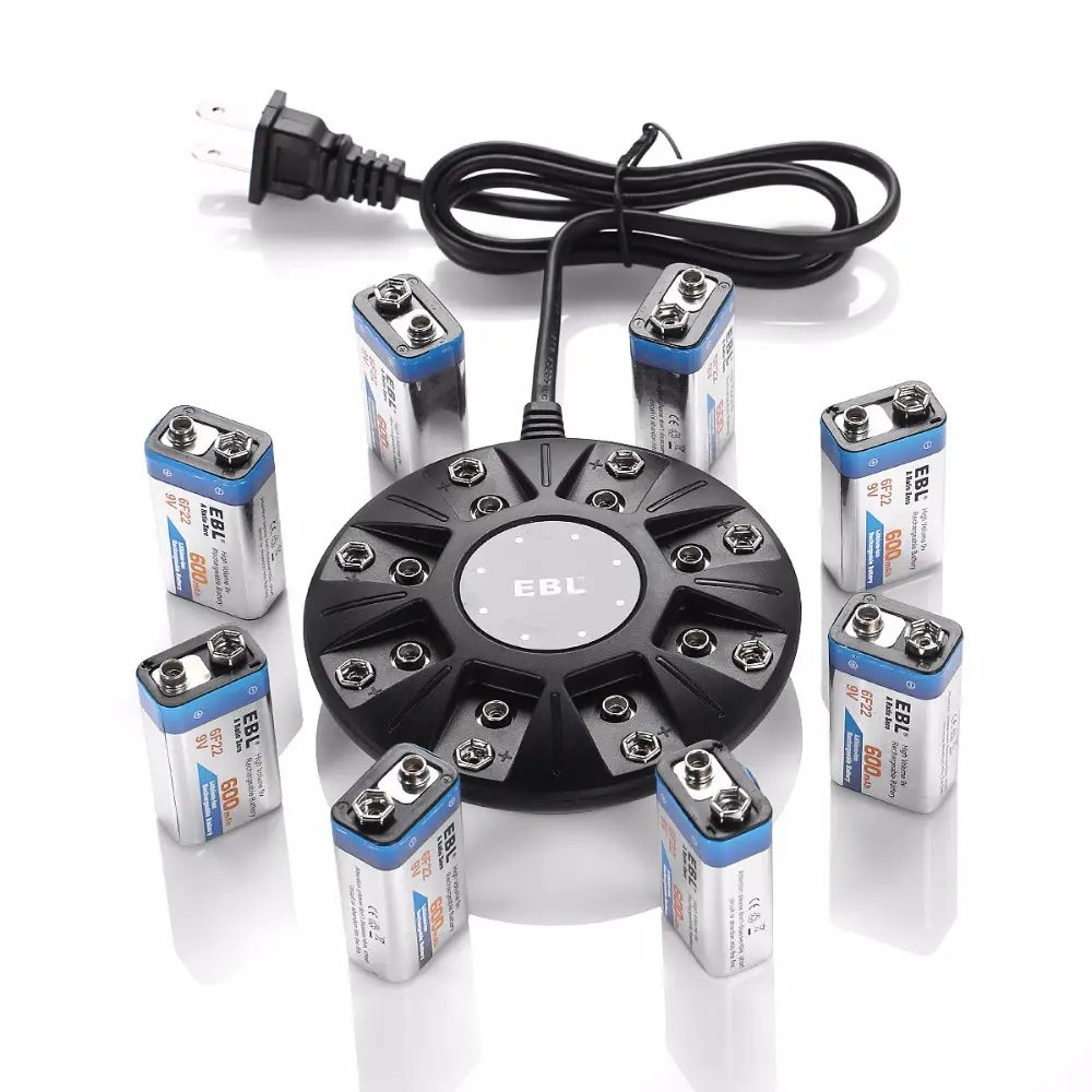Carregador de bateria EBL 9V para baterias recarregáveis de íon de lítio Carregador inteligente de 8 baias