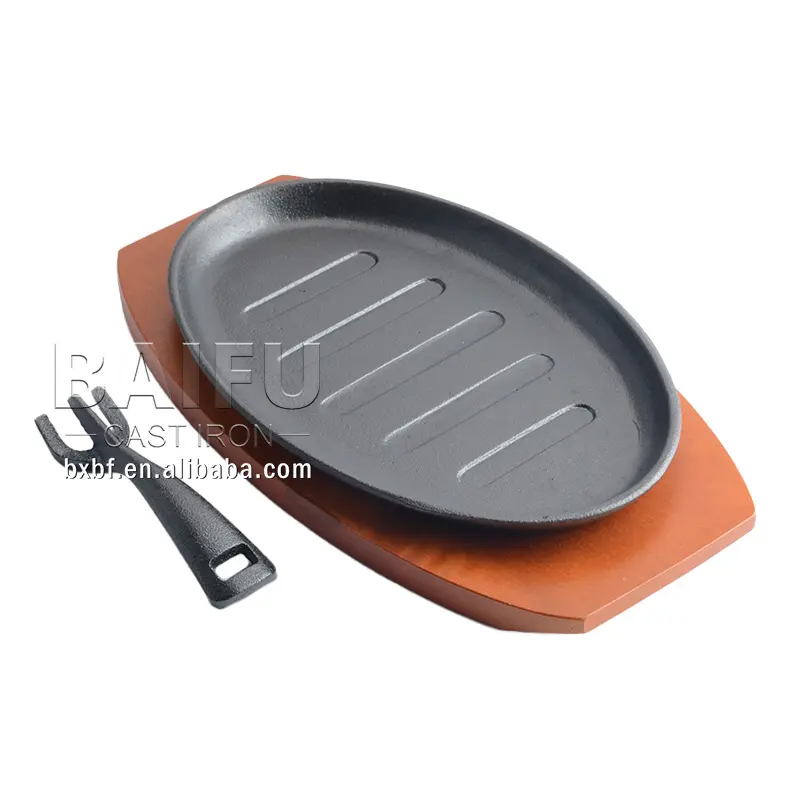 Cast Iron Steak Skillet Fajita Sizzling Pan 10in Hot Dish Sizzling Plate Serving Platter with Wooden Base Plate