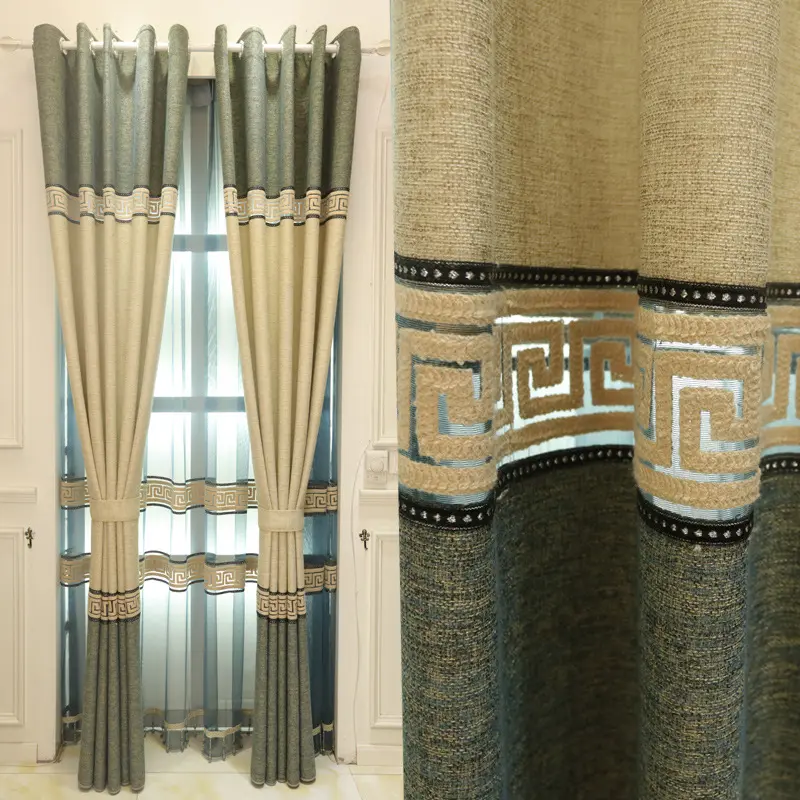 Chinese Type Hemp Stitching Finished Curtain French Window Living Room Shade Curtain