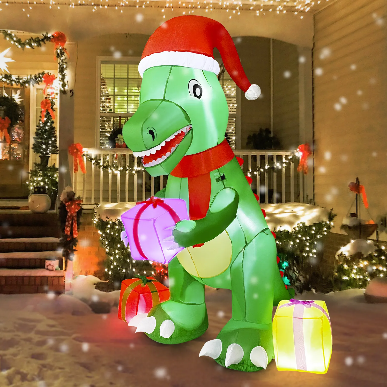 Nostro caldo giardino esterno decorazioni natalizie 6ft dinosauro gonfiabile con scatola regalo con luci a LED