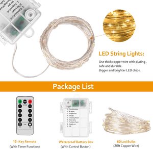 Luces de hadas con pilas a prueba de agua de 5M 10M con mando a distancia 8 modos temporizador cadena alambre de cobre LED cadena de luces - Product Image 5
