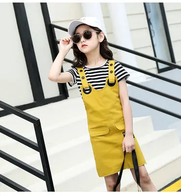 Latest Summer Girl Short Sleeve Skirt 2-piece Set Jeans Overalls Cartoon Stripe Top Suit Clothes For Big Kids