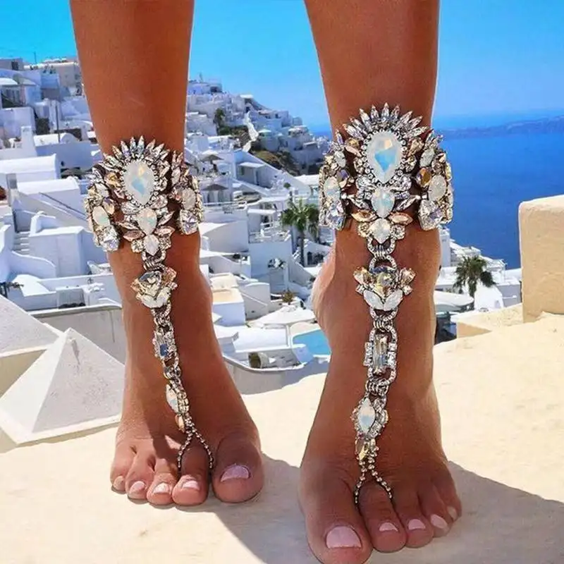 Pulsera de tobillo para mujer, sandalias descalzas de boda, joyería para pies de playa, cadena de Pie Sexy, tobilleras de cristal bohemio