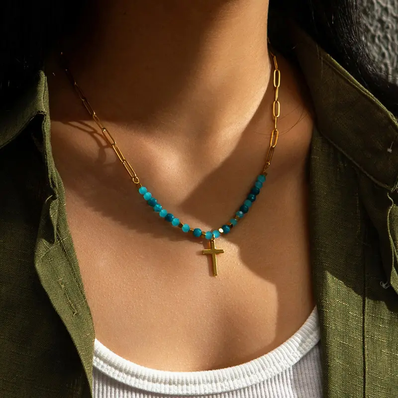 Diseñador de declaración de acero inoxidable cadenas de Clip de papel dorado azul Rosa piedra Natural con cuentas collar de Cruz de Oro para mujeres niñas