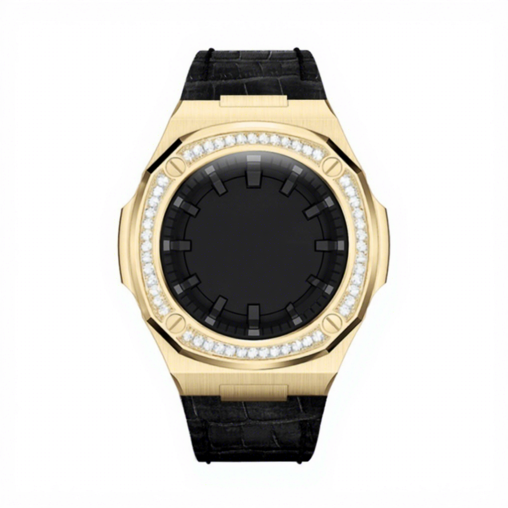 Gold case+black leather band