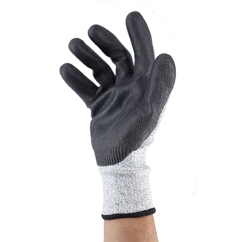 Guantes de resistencia al corte Nivel C HPPE Negro PU Guantes DE SEGURIDAD DE PU de nylon resistentes al corte Nivel 5