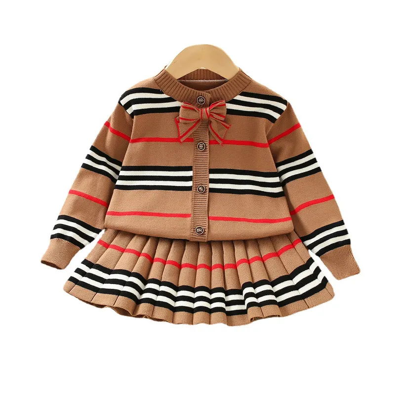 Conjunto de ropa de invierno para niños y niñas, traje de vestir para niñas pequeñas, ropa de punto, falda superior, suéter de dos piezas, venta al por mayor