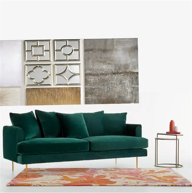 Canapés de salon en tissu vert en velours pour meubles modernes, ensemble canapé avec pouf