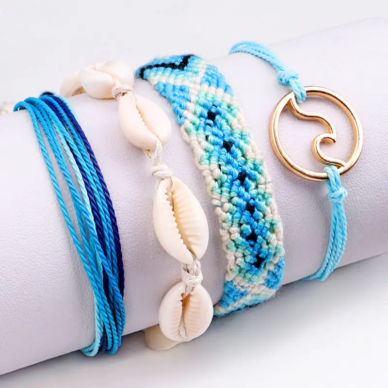 2021 Fashion Adjustable Handmade Natural Shell Blue Woven Waxed Rope Bracelets Sets For Summer