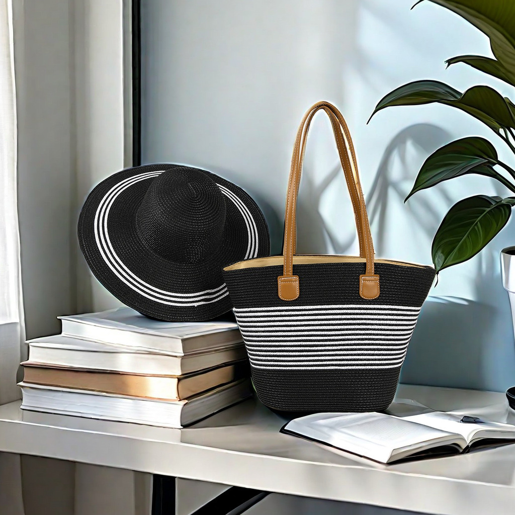 Traje de bolso de sombrero-tira blanca negra