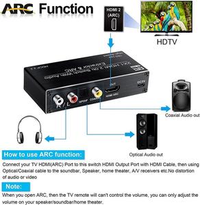 Conmutador HDMI 4K 2x1 con extractor de audio Conmutador de 2 entradas y 1 salida con extractor de audio coaxial SPDIF ARC de 3,5mm R/L - Product Image 4