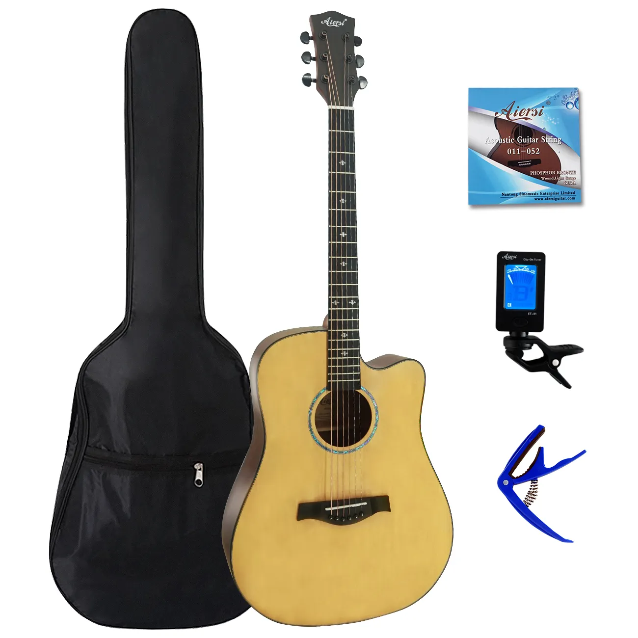 Aiersi-guitarra acústica superior de abeto sólido, afinador de bolsa y capo, 41 pulgadas, paquete completo, en venta