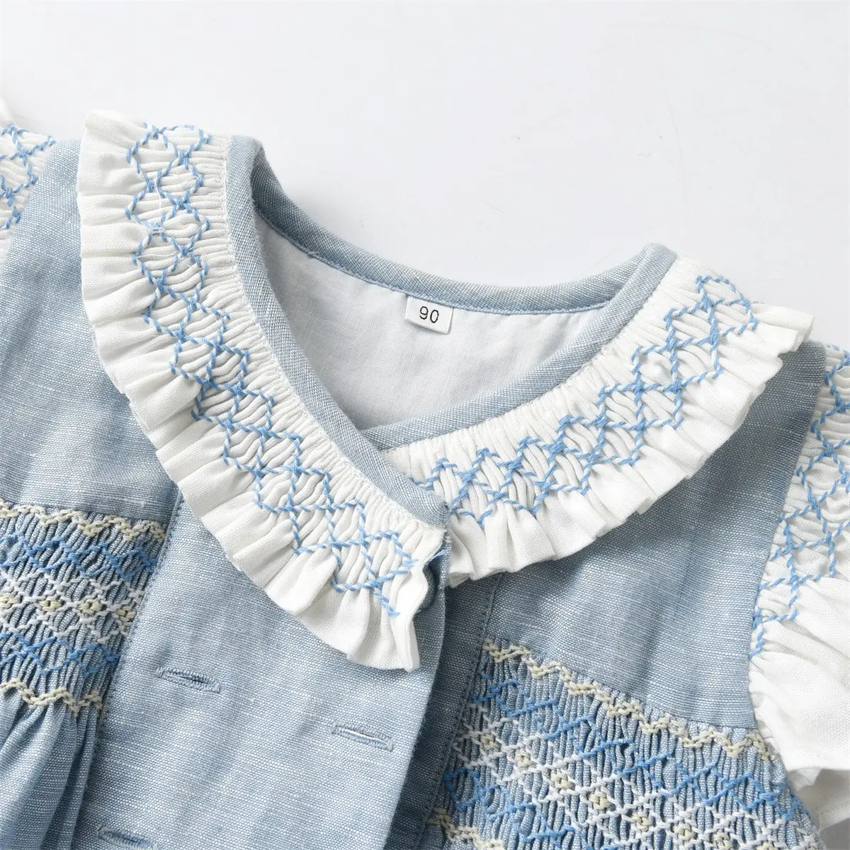 Atacado Crianças Trajes Verão Casual Ruffle Sleeve Denim Hand Made Smock Dress Baby Girl Clothes Smocked Girls Dresses