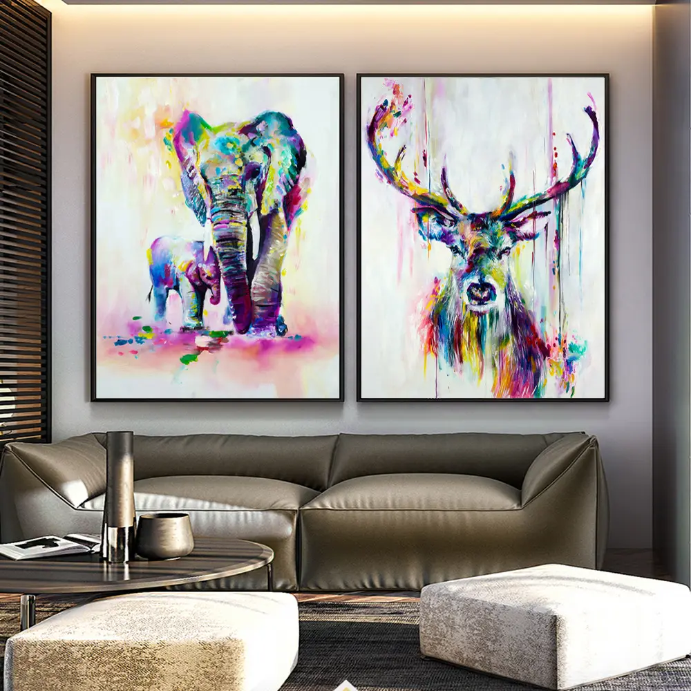Pintura de animales de acuarela para habitación de niños, pintura artística de grafiti abstracto de elefante y ciervo, póster impreso, pintura decorativa