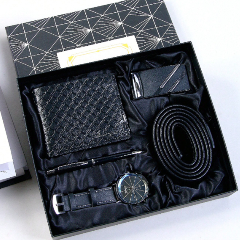 Set da 6 pezzi: cintura con fibbia automatica, portafoglio, orologio, penna, confezione regalo