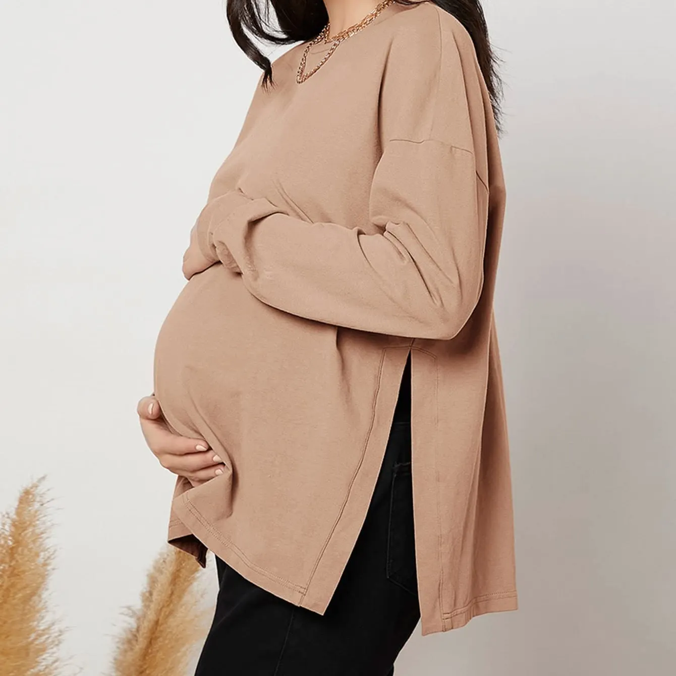 Maternidad Mujeres Side Split Basic Top Oversized Cotton Fall T Shirt Blusas Camisas para mujeres embarazadas
