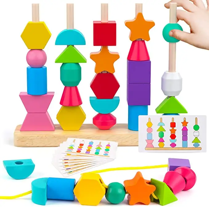 Ensemble de cadeaux de séquençage de perles en bois Montessori jouets pour 2 3 4 5 ans STEM apprentissage préscolaire