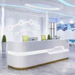 2023吉友豪华白色商用家具白色弧形办公桌弧形带led灯公司前台接待台
