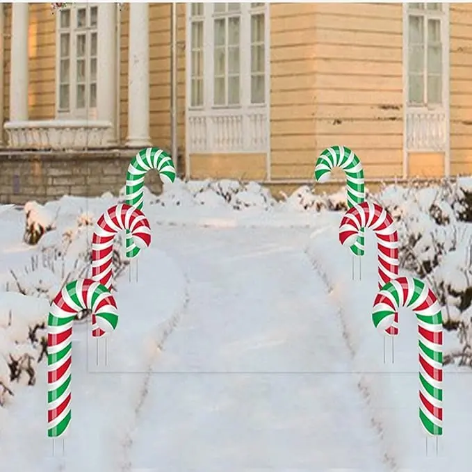 대형 사탕 지팡이 메리 크리스마스 장식 키트 야외 정원 잔디 마당 휴일 파티 장식을위한 스테이크가있는 표지판-6 pk