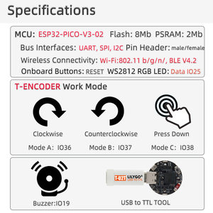 LILYGO T-Encoder ESP32 modulo Wireless RGB anello LED Encoder 8pin GPIO WiFi Bluetooth scheda di sviluppo di programmazione