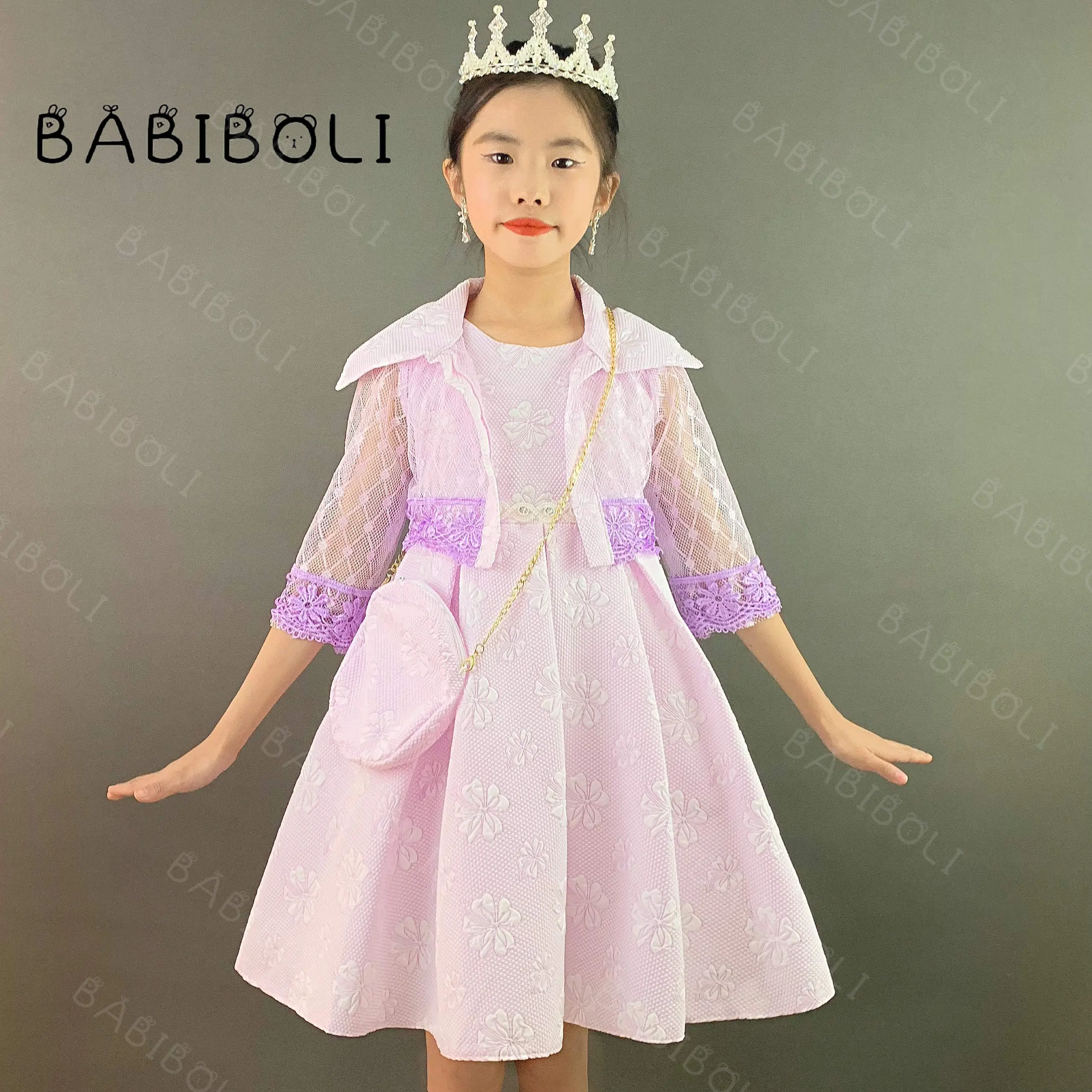 Babiboli elegante estilo niña boda vestidos morados para niños fiesta encaje con bolsa y chaqueta de encaje vestidos para niñas manga larga