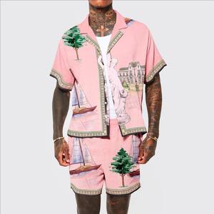 定制男士真丝印花衬衫短袖纽扣羽绒服男士时尚大码印花衬衫