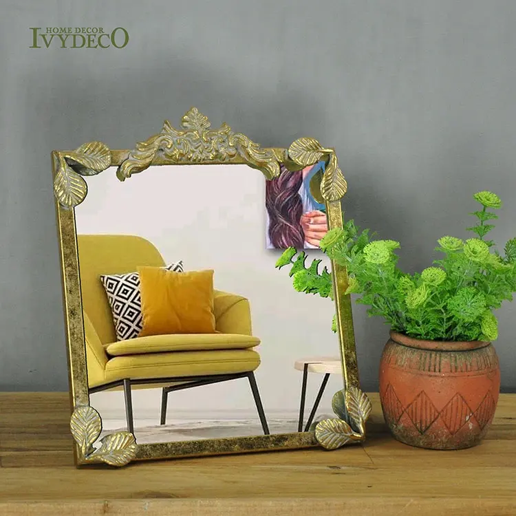 IVYDECO Stand Tischplatte Metall Make-up Spiegel Gold Leafs Kosmetik spiegel Rechteck Carving Mirrors Old Frame Dekoration nach Hause