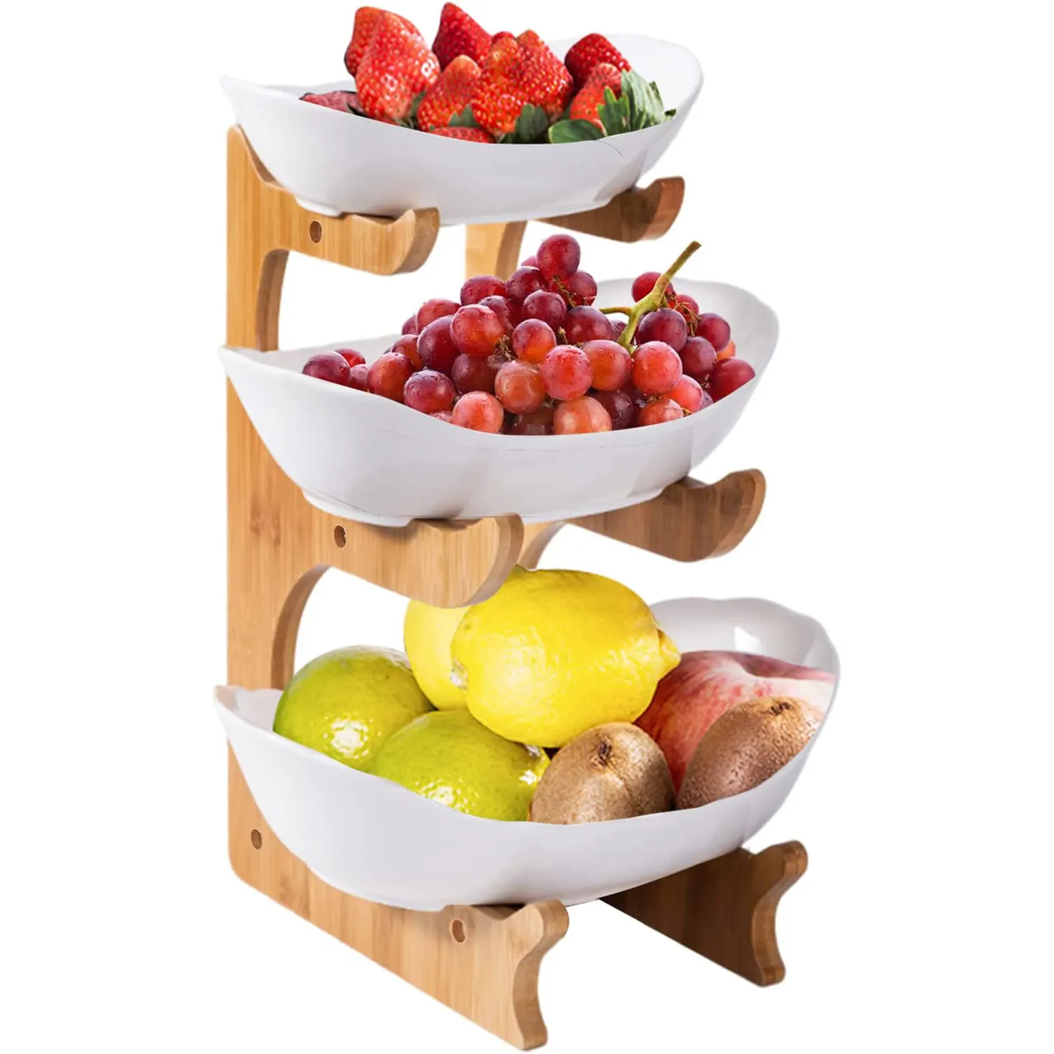 Cesto di frutta in ceramica a 3 livelli cesto di frutta e verdura con supporto in bambù portafrutta vassoi da portata per torte feste Dessert