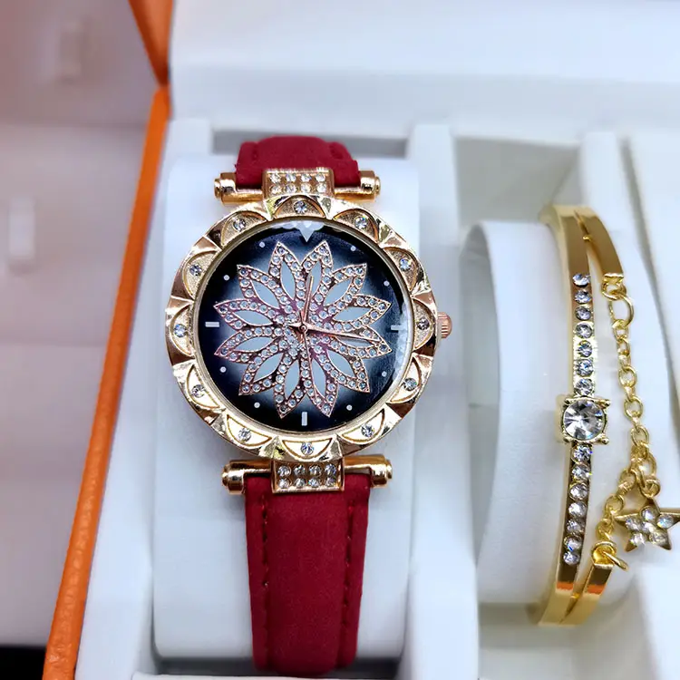 2022 Hot Selling 6 Pcs Pu Watch Set Colorful Drop Pendants Earrings Bangle Jewelry Set For Women