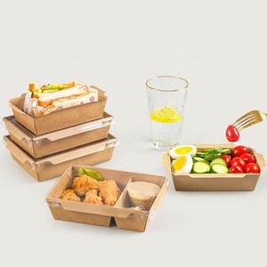 定制标志印刷一次性牛皮纸食品容器带宠物盖矩形沙拉盒带2室分隔室 - Product Image 5