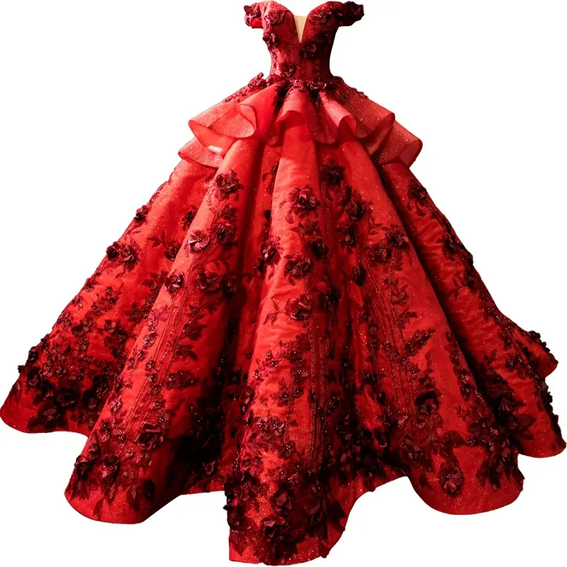 新しいファッションメーカーは赤い高品質オフショルダー女性高級女の子ポンパススカート3Dフラワーウェディングドレスを作りました