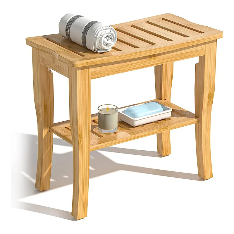 Panca doccia in bambù sgabello Spa-sedile in legno a 2 livelli, poggiapiedi sgabello da barba con piedini antiscivolo + ripiano portaoggetti