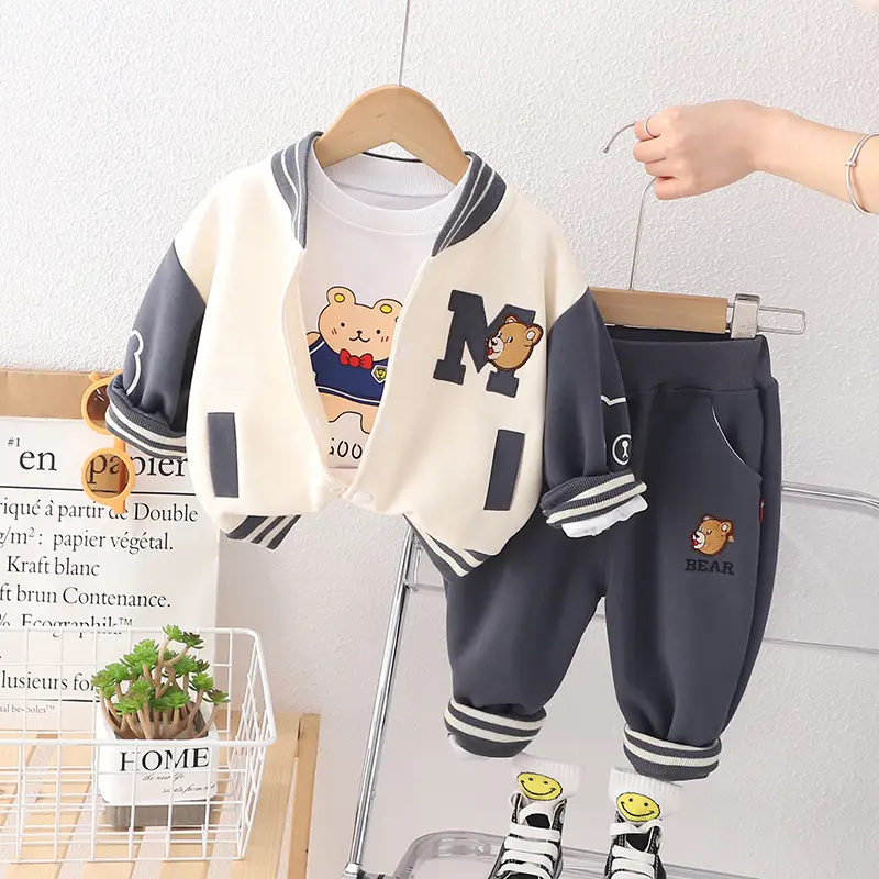 Crianças Primavera Novos Meninos 2 uniforme de Beisebol Casual Casaco Cardigan 1-5 Anos de Idade das Crianças Dos Desenhos Animados Conjunto de Três Peças