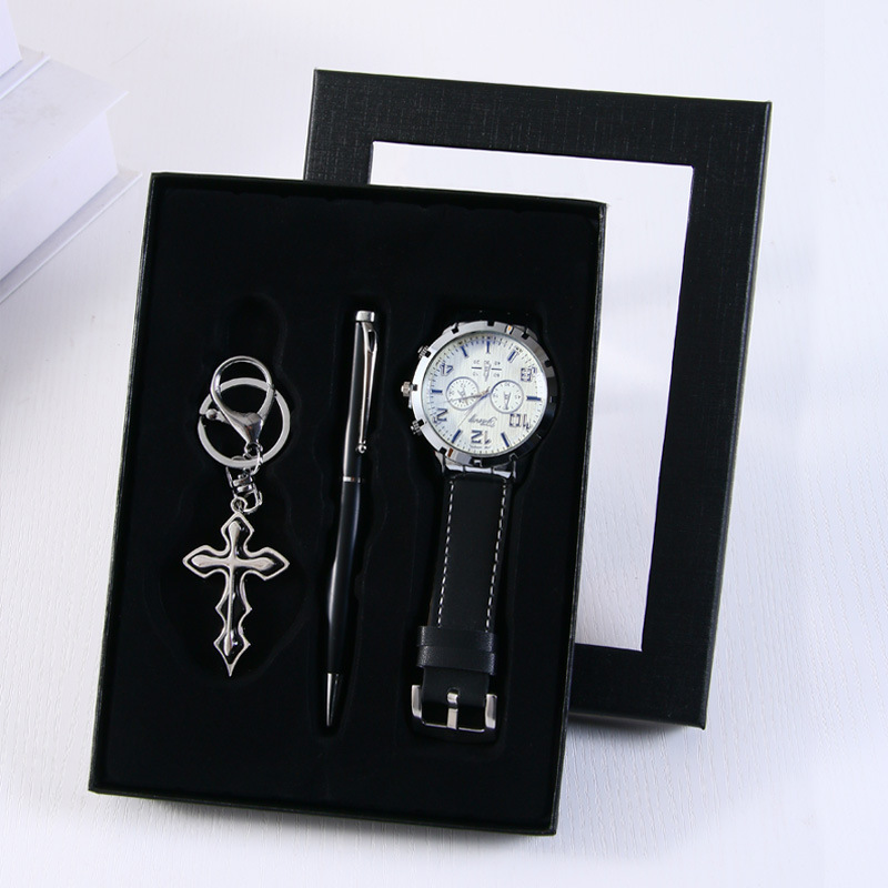 Black 4-piece set (watch, keychain, ballpoint pen, exquisite gift box)
